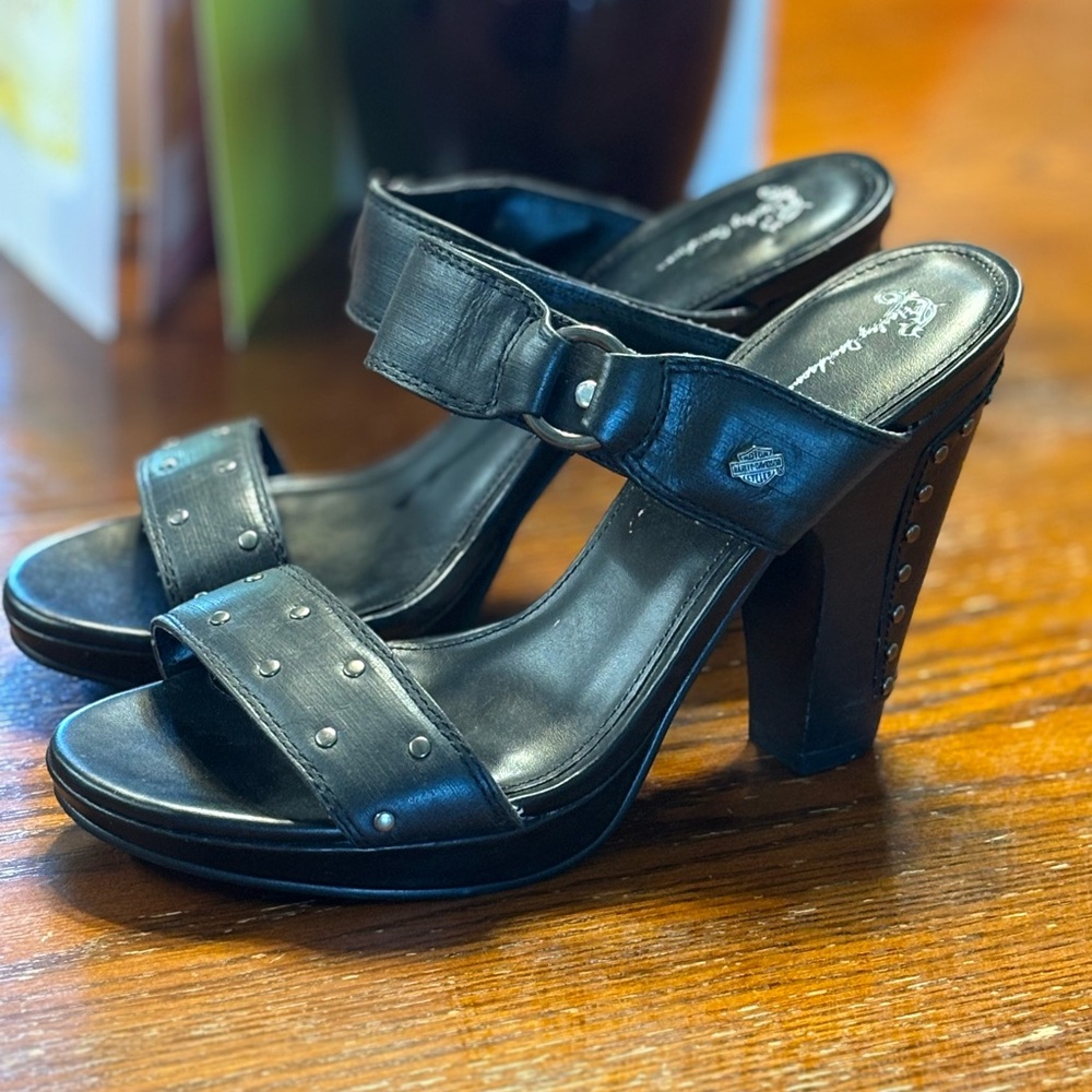 Harley Davidson black leather studded sandal heels